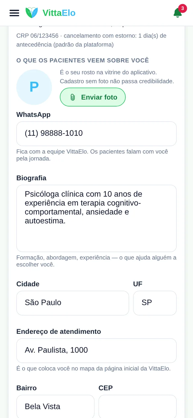Cadastro do profissional no aplicativo